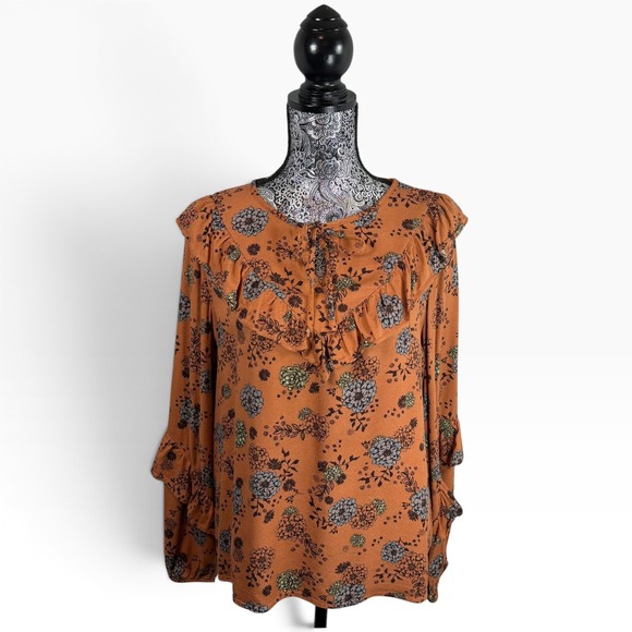 Sonoma Goods For Life Tops - Sonoma Floral Boho Blouse Rust Orange Blue Green Ruffle Front Long Sleeve Size M